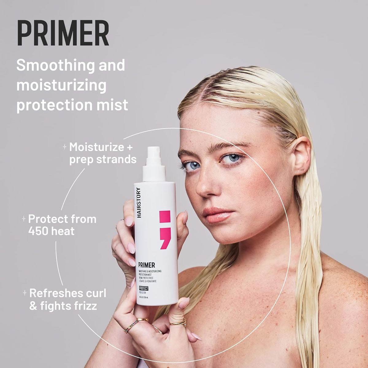 Hairstory Primer, Smoothing And Moisturizing Protection Mist for All Hair Types, Smoothing Detangler, Heat, Humidity & UV Protectant, 8oz