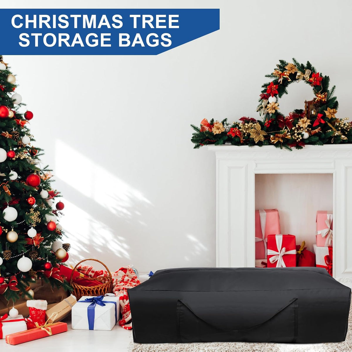 Silkfly 2 Pcs Patio Cushion Storage Bags 48" L x 15" W x 22" H Outdoor Cushion Storage Bag Extra Large Zippered Furniture Pillow Protective Storage Bag Black 420D Oxford Fabric Christmas Tree Storage