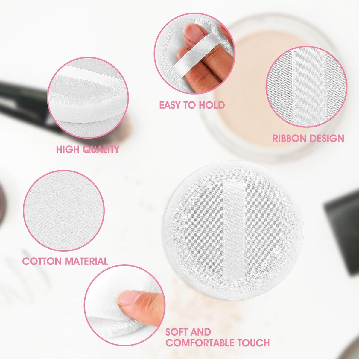 12PCS Makeup Powder Puffs Pink Cotton Powder Puffs Round Powder Puff for Makeup Face Powder Velour Puffs for Loose Powder Washable (pink+white-12pcs)