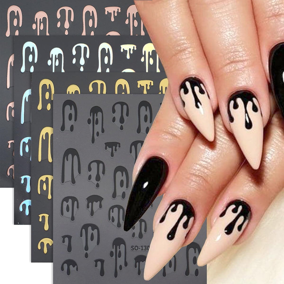 4pcs Halloween Nails Art Stickers -3D Self-Adhesive Nails Supply Black Gold Rose Gold Blood Dropping Design Y2K Scary Blood Nail Decals Sliders Halloween Laser Sliver Bloody DIY Manicure Decor