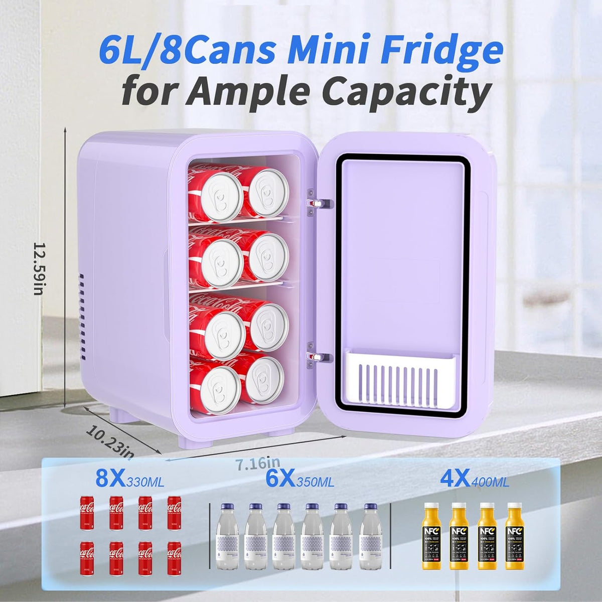 YASHE Mini Fridge, 6 Liter/8 Can 110V AC/DC Portable Thermoelectric Cooler Refrigerators for Bedroom, Skincare, Beverage, Office, Dorm Room and Car, Purple