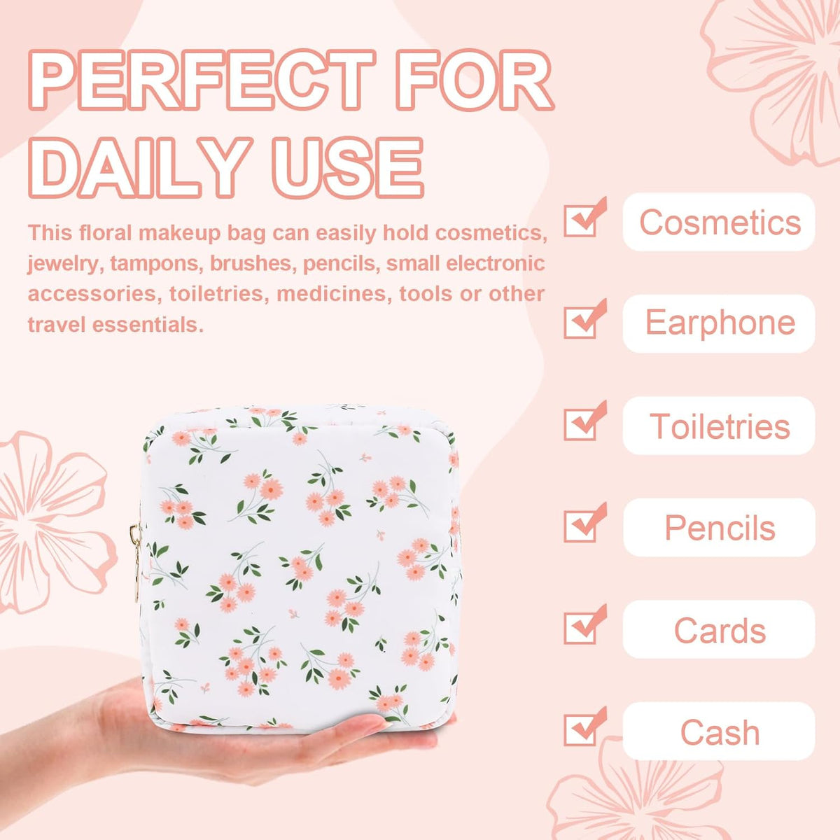 Waterproof Mini Floral Makeup Bag Pouch for Purse,Nylon Flower Cosmetic Travel Bag Small Preppy Toiletry Organizers Bag for Women Girl,Cute Zipper Pouch Coin Purse for Work(Mini White-Flowers)