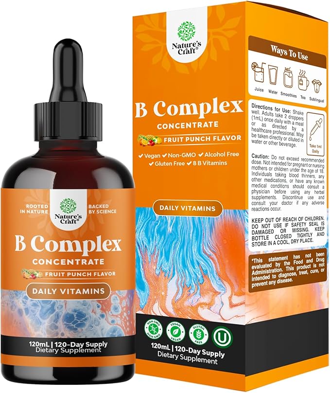 Vegan Vitamin B Complex Liquid - 9-in-1 Liquid B Complex Vitamins for Women & Men with B1 B2 B3 B5 B6 B7 Folate Methyl B12 Plus Vitamin C - Super Concentrated Non GMO & Naturally Flavored (120svg)