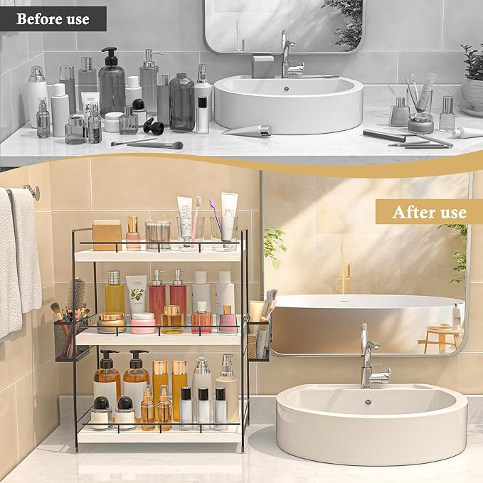 Bathroom Counter Organizer,Bathroom Countertop Organizer with Baskets,Vanity Organizers,Counter Shelf,Countertop Storage, Makeup Organizers(White)