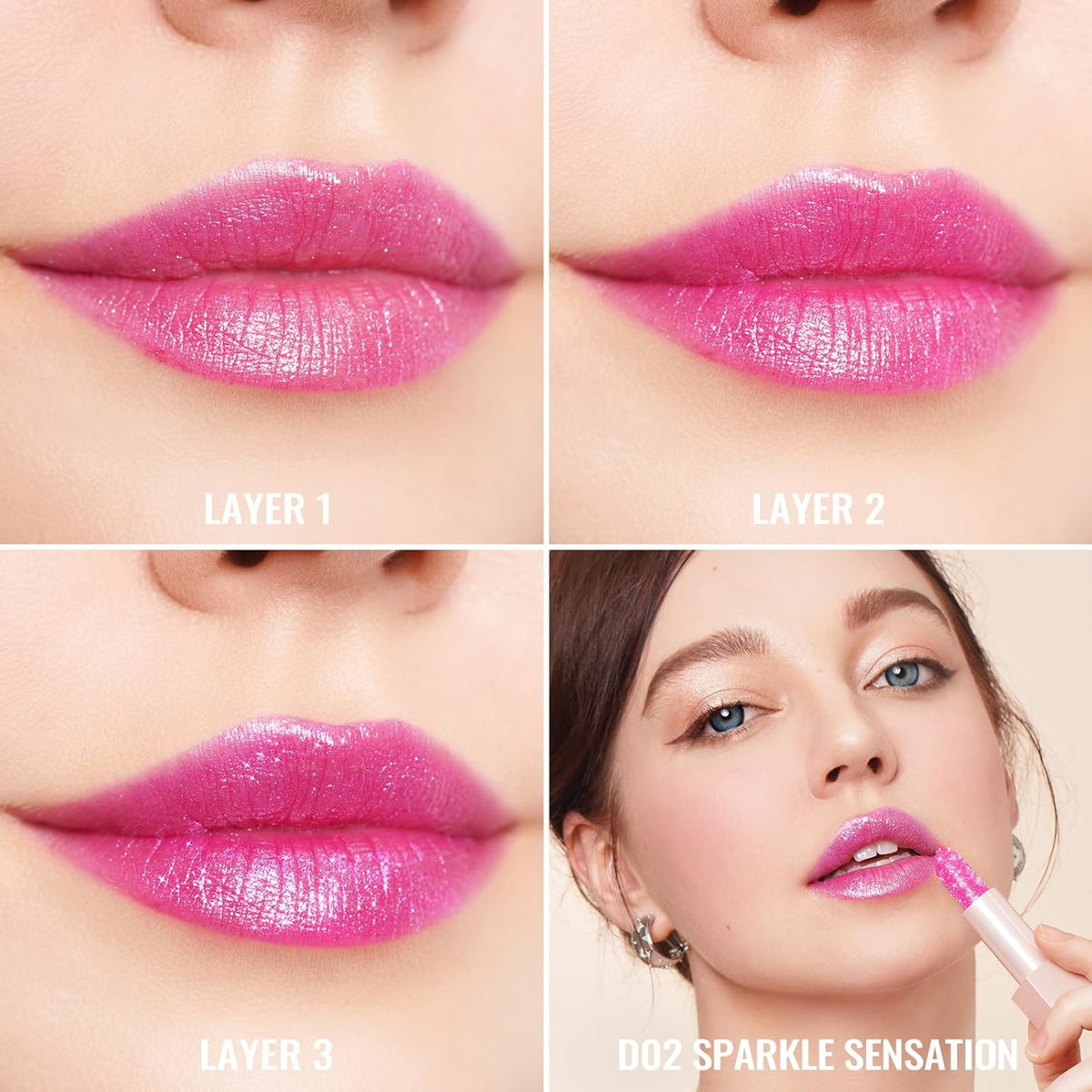 Oulac Pink Shimmer Lipstick for Women, Infinity High Shine Finish, Hydrating Lip Color Infused with Damask Rose Oil for All-Day Comfort, Gluten-Free Vegan Beauty, D02 Sparkle Sensation