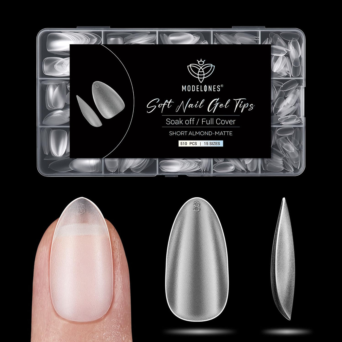 modelones Short Almond Fake Nail Tips - 510Pcs Full Matte Gel Tips Pre-shaped Full Cover Clear Acrylic Gel Kit False Press on Nails for Extension DIY Salon 15Sizes