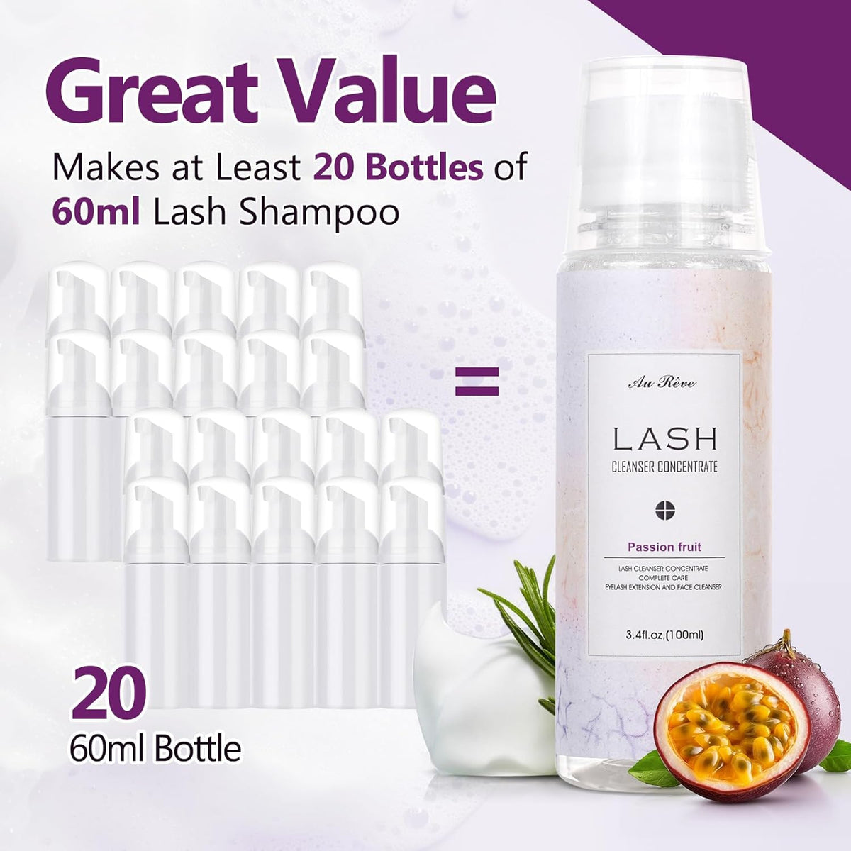 Lash Shampoo Concentrate 100ml Lash Extension Cleanser Oil-Free Eyelash Extension Shampoo with Salon Home Care -Makes 20 Bottles 60ml Eyelash Cleaner,Passion fruit