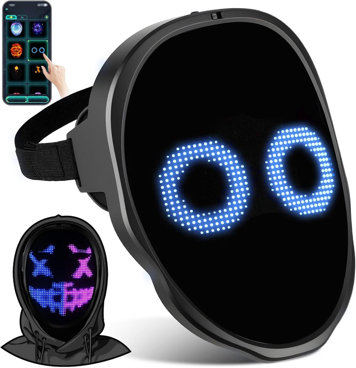LED Facial Deformation Mask, Controllable by App - Programmable LED Halloween Mask, Digital Glowing Mask, for Costume Cosplay