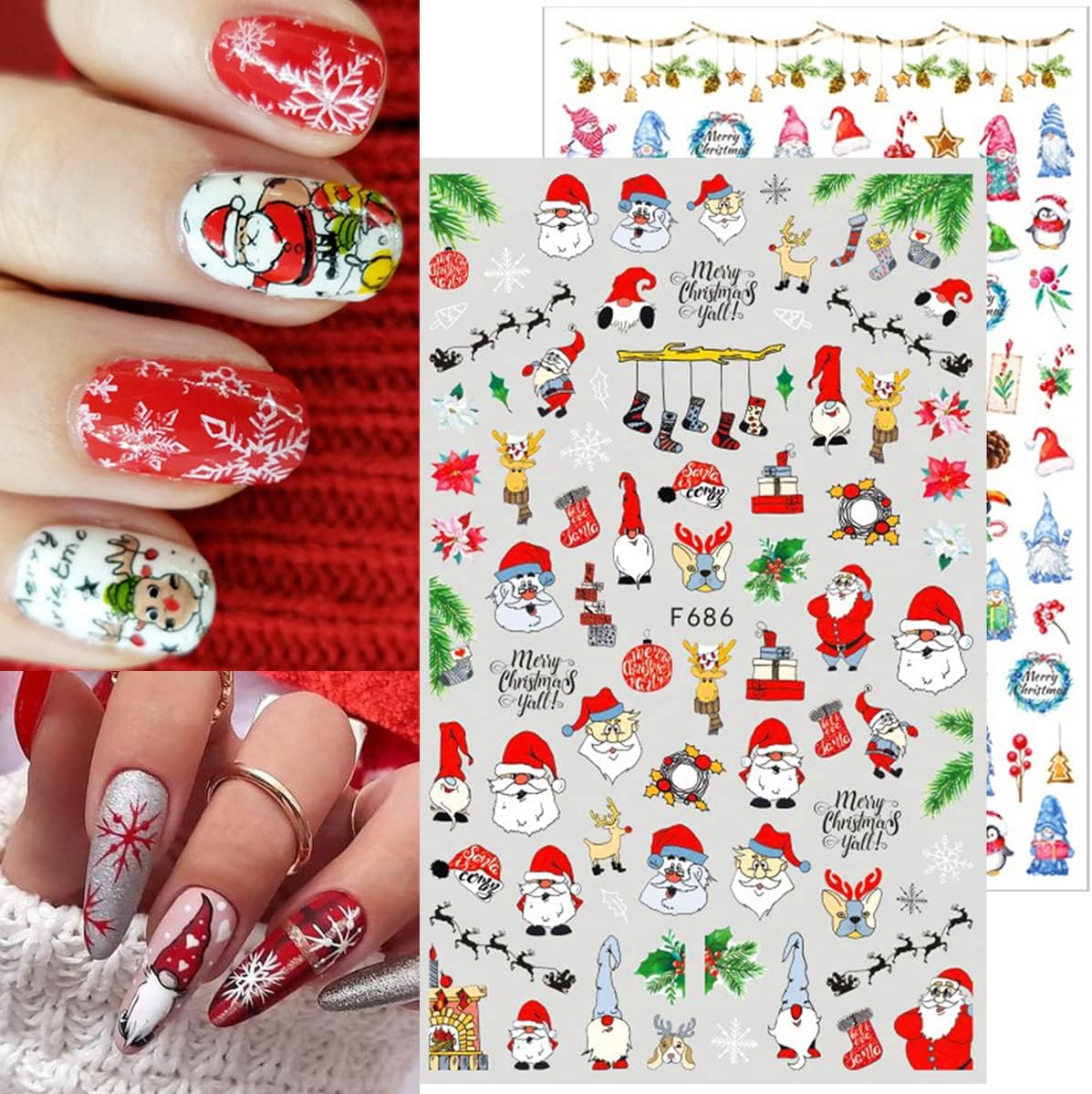 10 Sheets Christmas Nail Stickers 3D Xmas Decals Winter White Snowflake Santa Claus Snowman Bell Reindeer for Women Girls Christmas Designs Decoration Charms