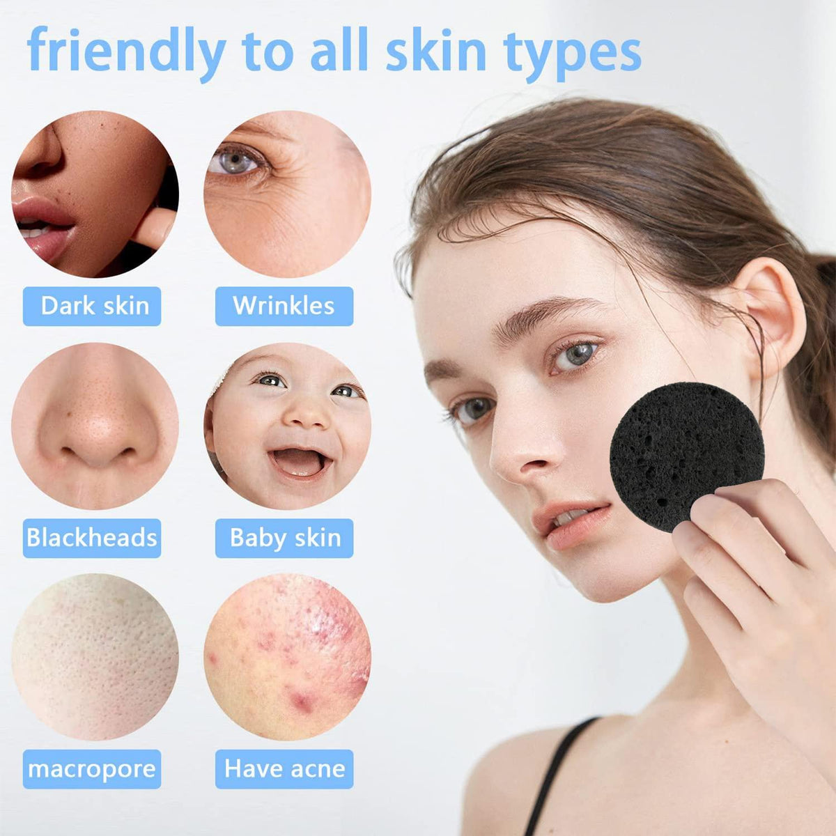 50-Count Facial Sponges Compressed Natural Cellulose Sponge Round Shape Face Sponge for Face Cleansing Exfoliating and Makeup Removal, Black