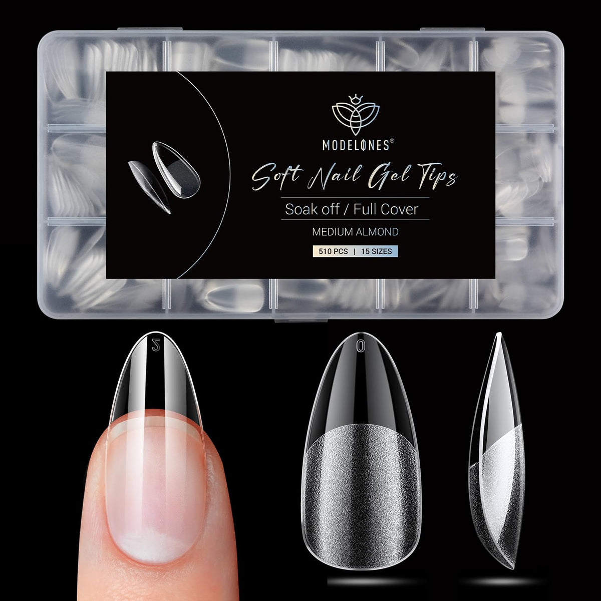 Modelones Pointed Almond Fake Nail Tips - 510Pcs Medium Gel Tips Pre-shaped Half Matte Full Cover Clear Acrylic Gel Kit False Press on Nails for Extension DIY Salon 15Sizes