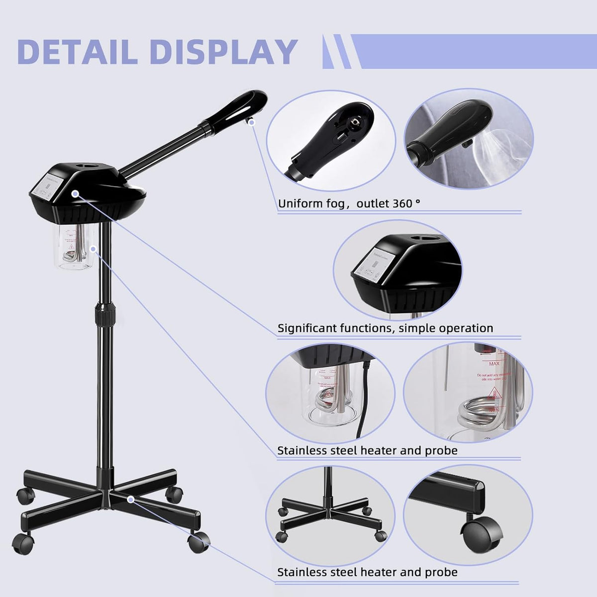Professional Facial Steamer with More Steam for Deep Cleansing and Hydration, Face Steamer on Wheels with Time Setting, Estheticians Steamer Adjustable Height for Beauty, Spa and Home Use（Black）