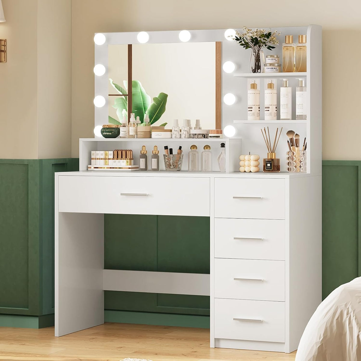 Quimoo Makeup Vanity Desk with Mirror & Lights, Vanity Desk with 5 Drawers & Storage Shelves, Vanity Table, 3 Color Modes & Adjustable Brightness Dressing Table, Bedroom, White