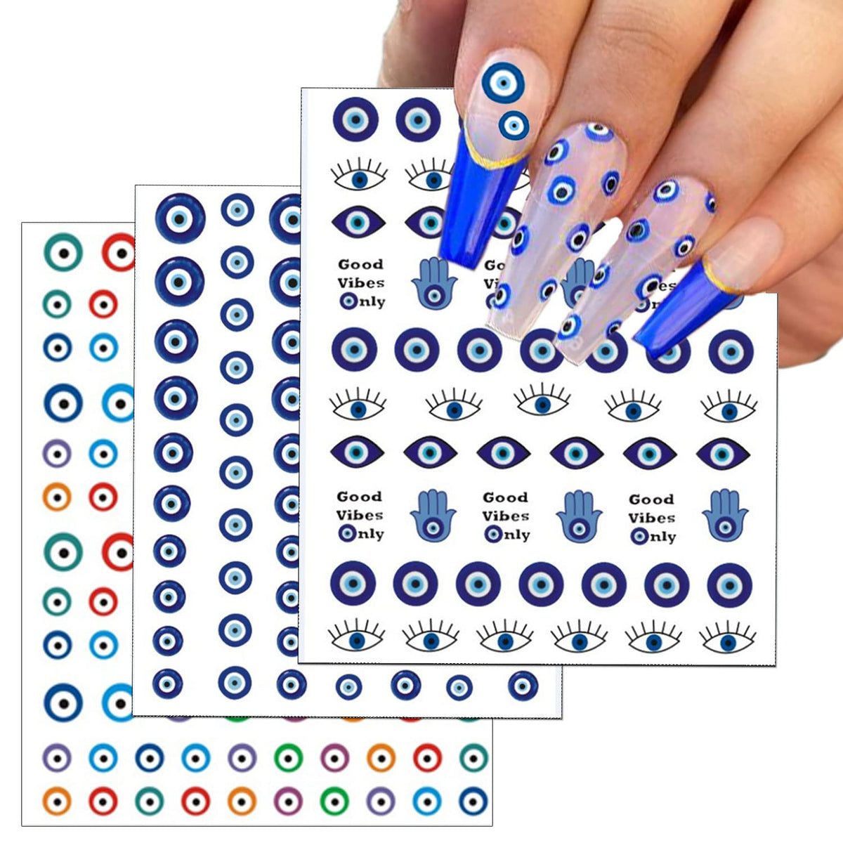 14 Sheets Evil Eye Nail Stickers, 3D Turkish Blue Eye Design Nail Art Decals, Self Adhesive Hamsa Hand of Fatima Manicure Decorations