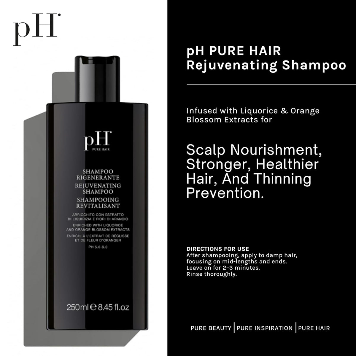pH PURE HAIR Rejuvenating Hair Growth Shampoo for Thinning & Loss Treatment - Natural Sulfate-Free Shampoo Formula with Licorice & Orange Blossom Extracts - 8.45 oz
