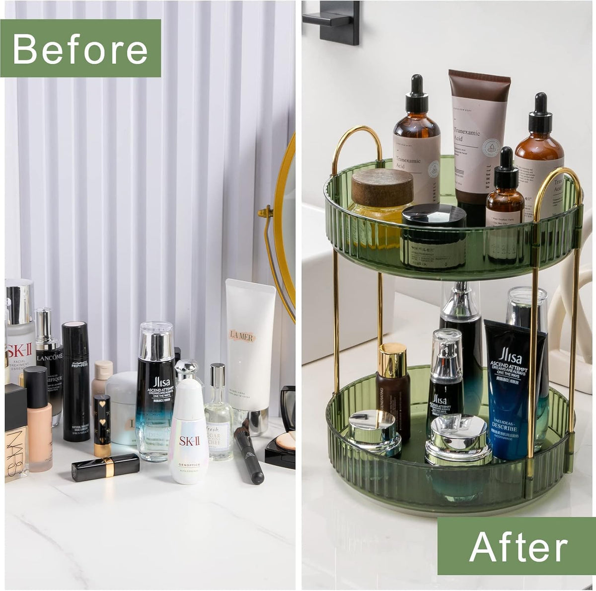 Rotating Makeup Organizer for Vanity, High-Capacity Skincare Clear Make Up Storage Perfume Organizers Cosmetic Dresser Organizer Countertop 360 Spinning (Purple, 3 Tier)