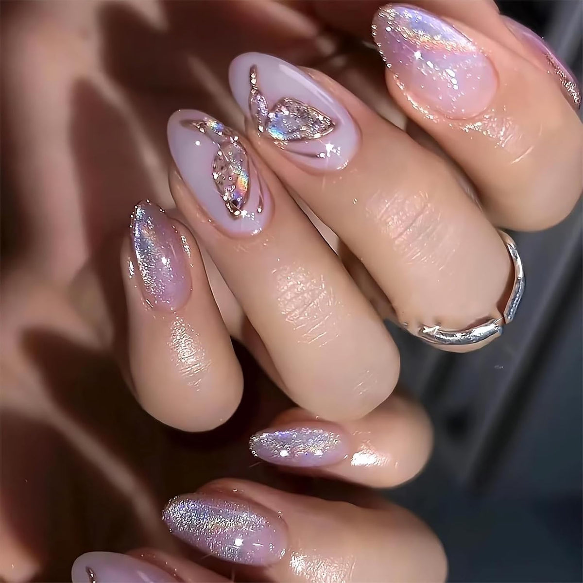 Semi Cured Gel Nail Strips with Butterfly Designs Gel Nail Stickers Glitter Full Cover Nails Wraps Need UV/LED Light with 2 Prep Pads 1Wooen Stick 1Nail File for Women 20Pcs