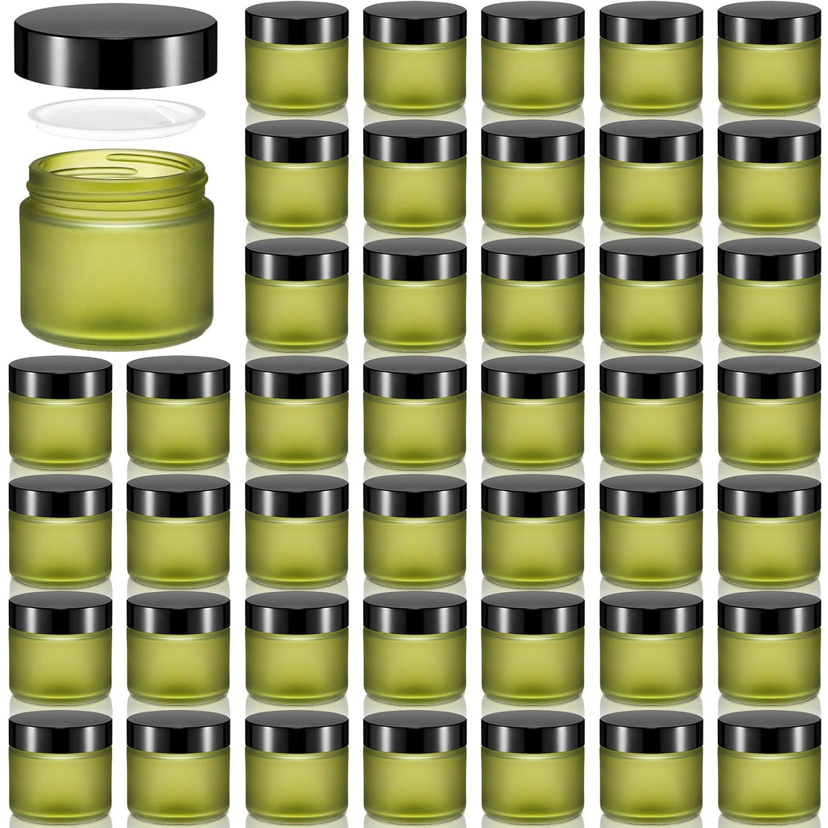 Domensi 48 Pcs 2 oz Glass Jars with Lids Travel Size Round Leakproof Empty Cosmetic Jars with Inner Liners Lid for Storing Makeup Lotions Face Cream Ointments Candle DIY Making (Pea Green)