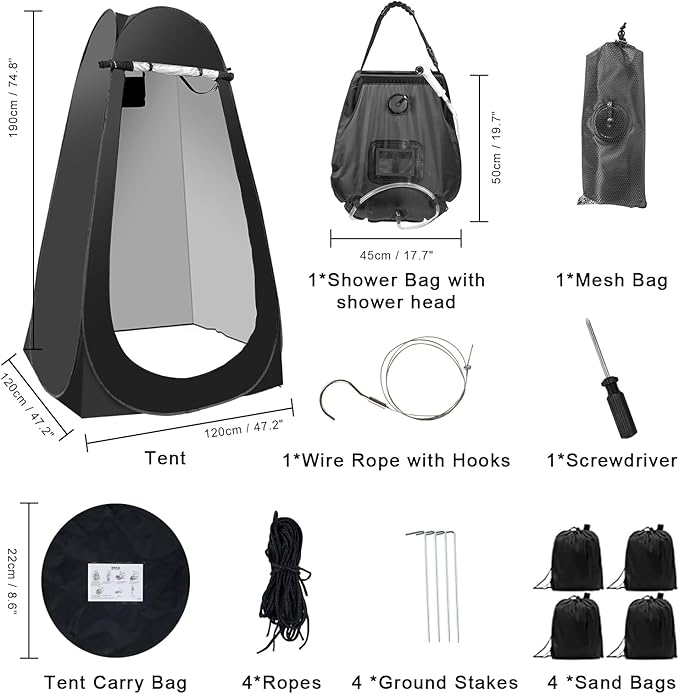 Portable Camping Privacy Tent, Outdoor Shower Tent Kit with 5 Gallon Shower Bag-(Nozzle Upgraded)