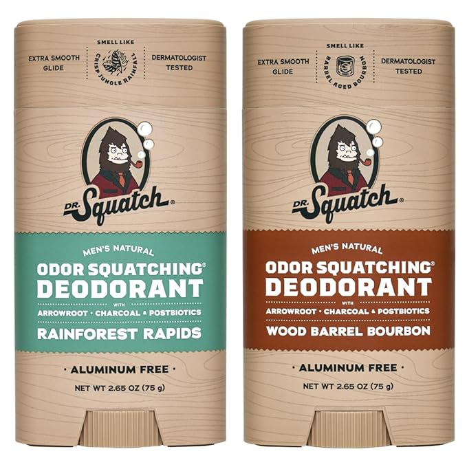Dr. Squatch Natural Deodorant for Men - Odor-Squatching Aluminum Free - Rainforest Rapids & Wood Barrel Bourbon (2.65 oz, 2-Pack)