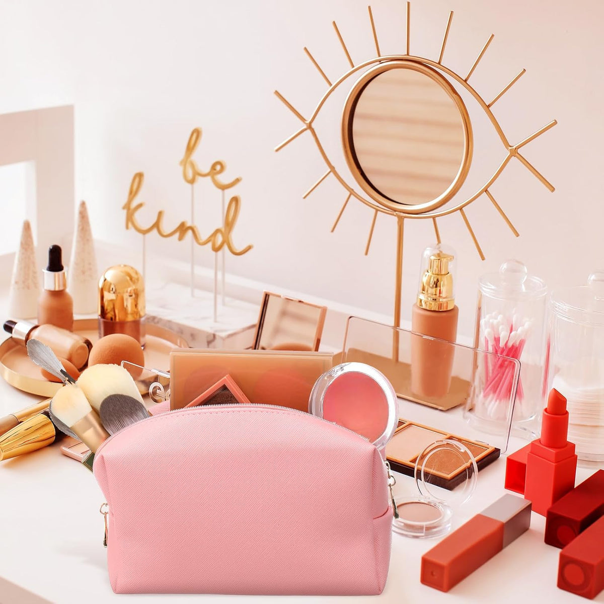 Kigeli 15 Pcs Aesthetic Makeup Bags PU Leather Cosmetic Pouches Waterproof Plain Toiletry Bags Makeup Pouches Bulk for Women Party Gift Travel Storage Organizer(Pink)