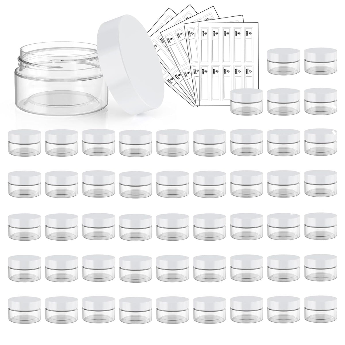 50 Pack 1 OZ Plastic Jars Round Clear Cosmetic Container Jar with White Lids, Eternal Moment Plastic Slime Jars for Lotion, Cream, Ointments, Makeup, Eye shadow, Rhinestone, Samples, Travel Storage