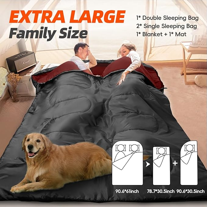 MEREZA Double Sleeping Bag, 2 Person Sleeping Bag for Adult Mens Camping, Two Person Sleeping Bag with Pillow Outdoor Indoor, XL Queen Size Sleeping Bag for Cold Warm Weather