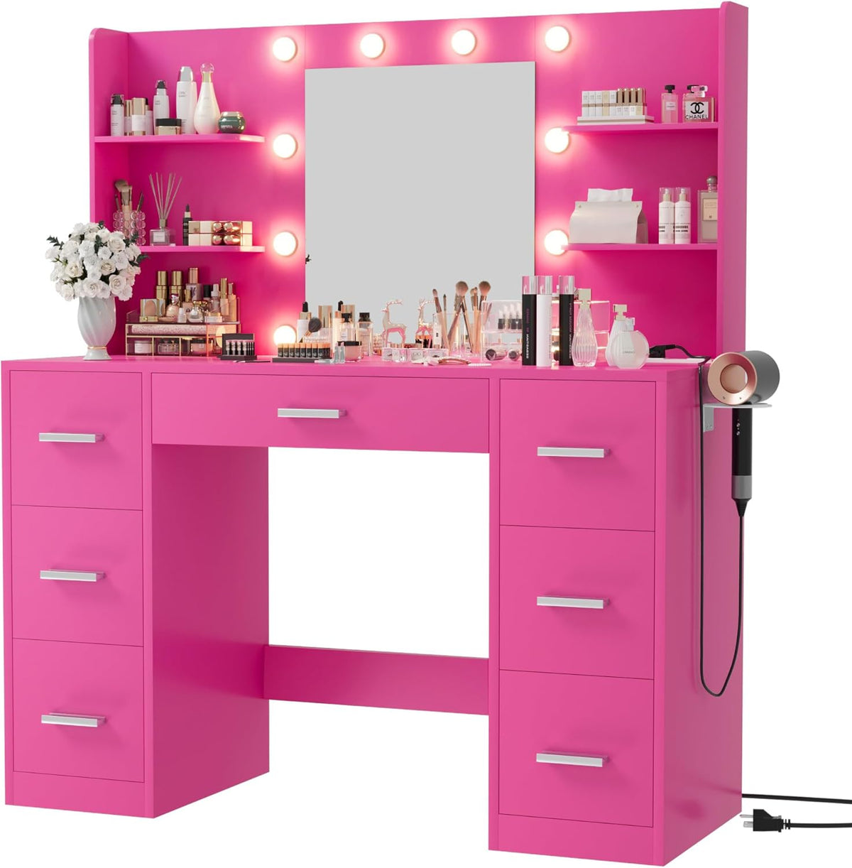 Furmax Vanity Desk with Mirror, LED Lights and Power Outlet Makeup Vanity Table with 7 Drawers and 6 Storage Shelves Dressing Table for Bedroom Dressing Room (Rose Pink)