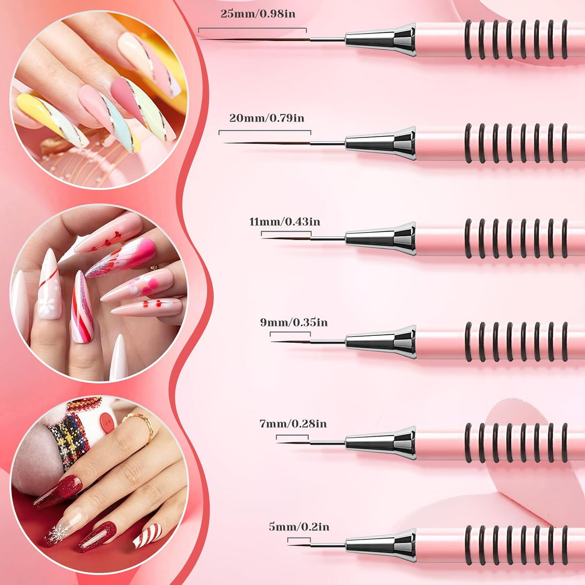 Nail Art Liner Brushes Set, 6Pcs Nail Art Design Brush Striping Thin Long Lines Dotting Drawing Pen, UV Gel Polish Painting Metal Handle Striper Brushes Size 5/7/9/11/20/25mm Pink