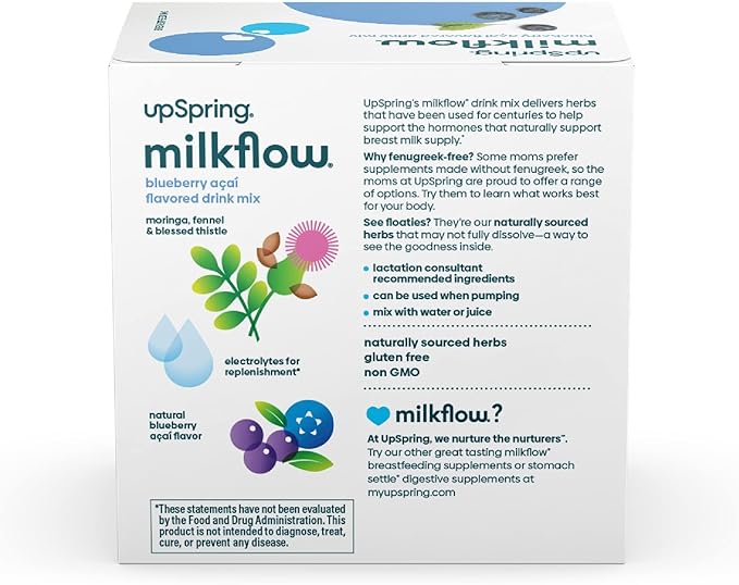 UpSpring Milkflow Electrolyte Breastfeeding Supplement Drink Mix Fenugreek-Free, Moringa & Blueberry Acai Flavor, Lactation Supplement to Support Breast Milk Supply and Restore Electrolytes, 16 Mixes