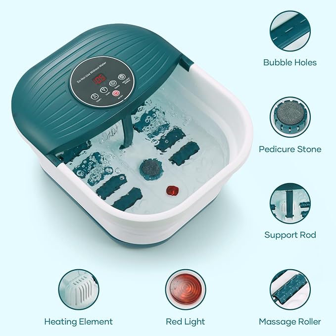 CURECURE Collapsible Foot Spa Bath Massager with Heat, Bubble and Timer, 95-118℉ Adjustable Temperature Fast Heating with Pedicure Stone and Massage Rollers for Feet Stress Relief at Home