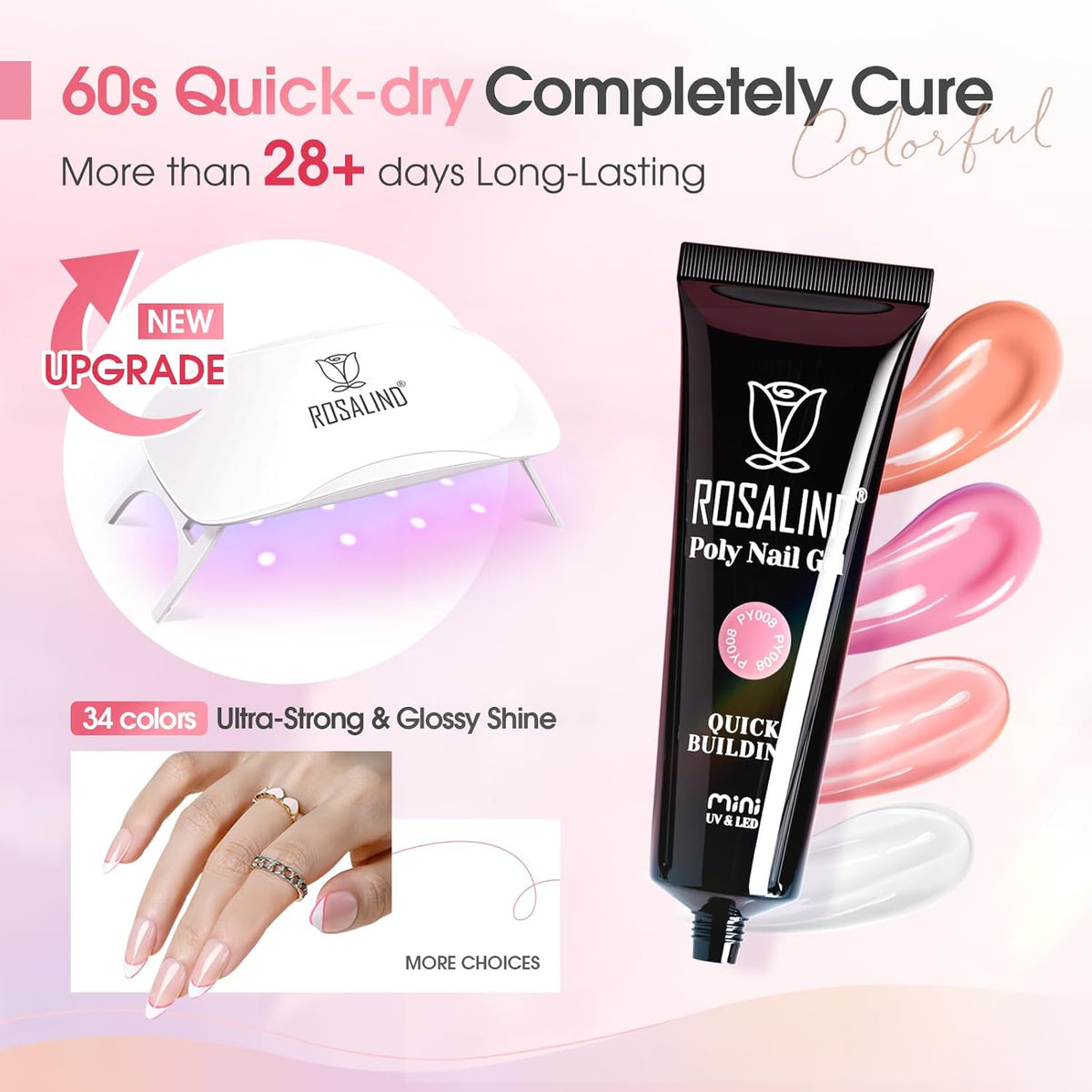 ROSALIND Poly Nail Gel Kit -34 Colors + White Brown Accessories Clear Nude Poly Nails Gel Starter Kit with Mini UV Lamp Slip Solution Nude Pink Extensions Set