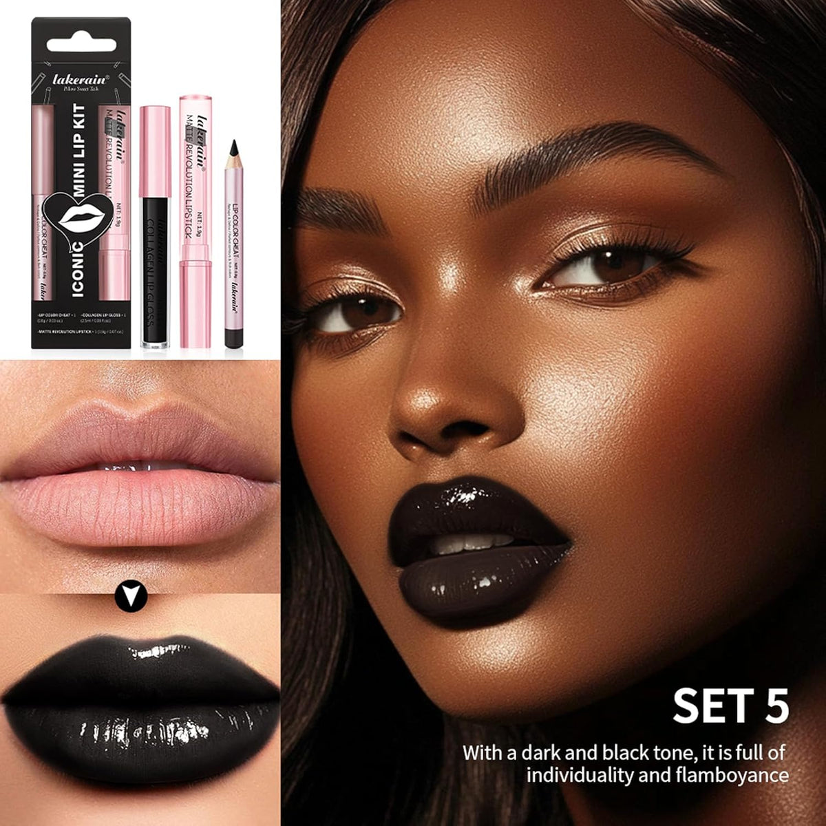 3PCS Black Lip Liner and Lipstick Set – Bold Matte Lipstick, Precision Liner & High-Shine Gloss for Gothic, Halloween, Cosplay & Editorial Looks – Long-Lasting, Smudge-Proof Lip Makeup Kit (Black)