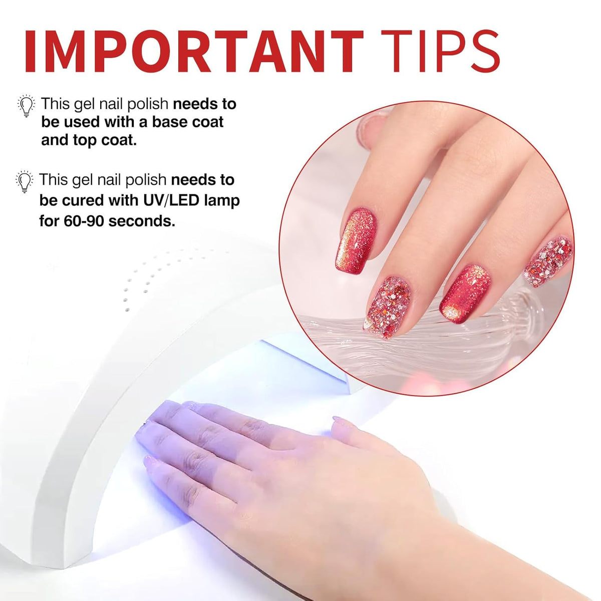 CANNI 1 Pcs Glitter Red Gel Nail Polish, Shimmer Sparkly Red Colors Gel Polish Soak Off Led Nail Art Gel Manicure Salon DIY