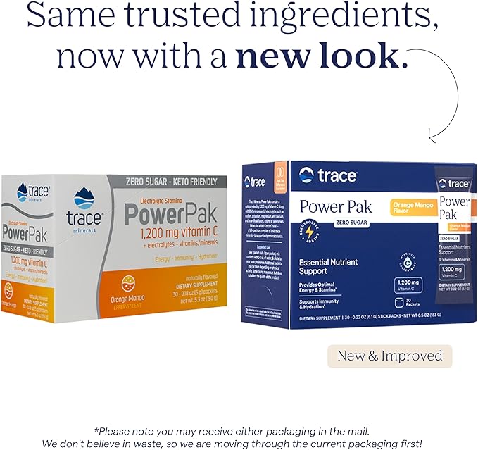Trace Minerals Power Pak Sugar-Free - Immune & Energy Health Support - Powder Drink Mix with Vitamins & Minerals - Supports Hydration & Mineral Absorption - Orange Mango, 30 Packets (30 Servings)