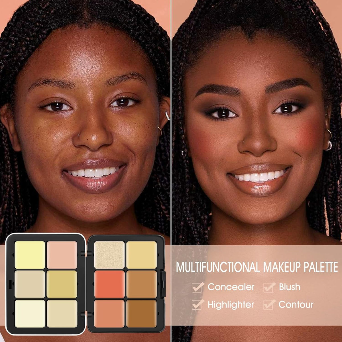 12 Colors Cream [Blush+Contour+Concealer+Highlighter] Makeup Palette for Cheeks - Multi-functional Makeup Palette with Brush, Natural Matte Long Wearing, Waterproof Face Makeup Palette (#04)