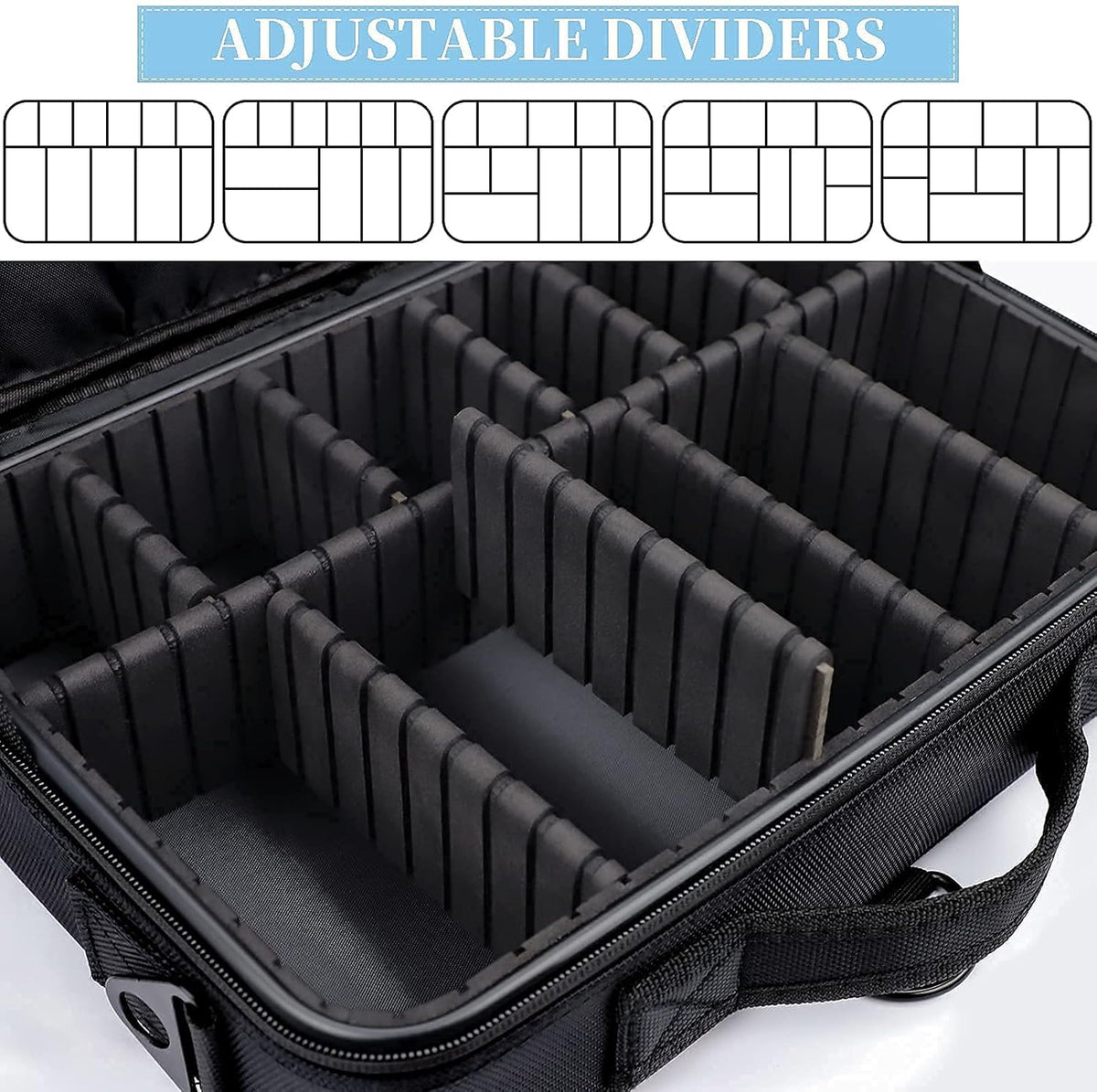 JOURMON Travel Makeup Case 3 Layers Makeup Train Case Portable Makeup Bag Organizer Portable Artist Storage Bag with Adjustable Dividers and Shoulder Strap（Black, M）