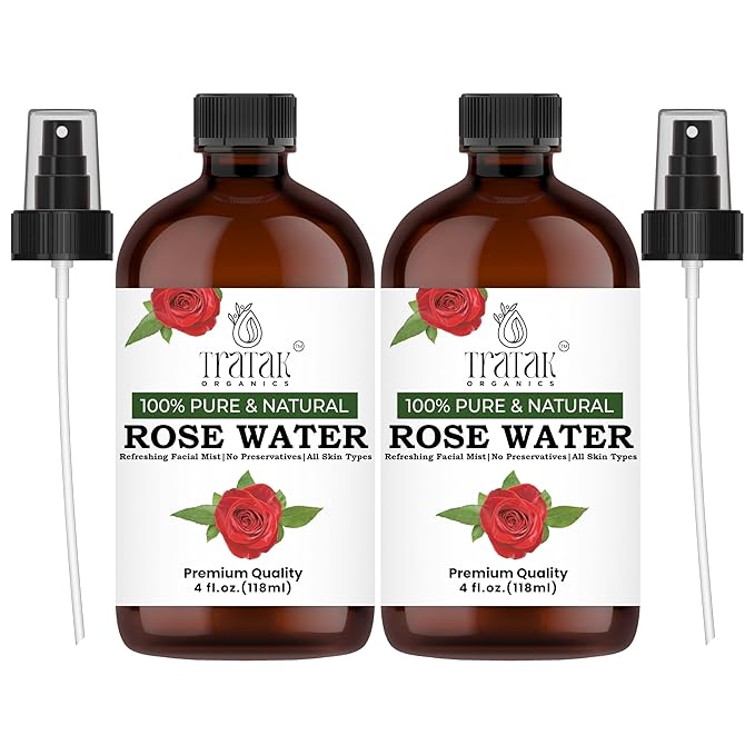 Rose Water 4 fl oz (118 ml) Organic Refreshing Rose Water Spray for Face & Skin Hydration, Pure Rosewater for Hair & Makeup Setting Spray, Reduce Eye Puffiness, Dark Circles & Redness (Pack of 2)
