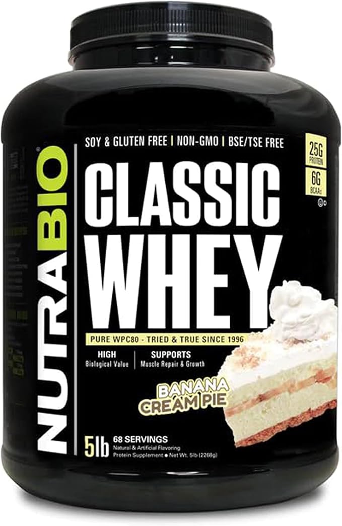 NutraBio Classic Whey Protein Powder- 25G Protein Per Scoop - Full-Spectrum Amino Acid Profile - No Fillers, Artificial Colors, Preservatives - (Banana Cream Pie, 5 Pounds)