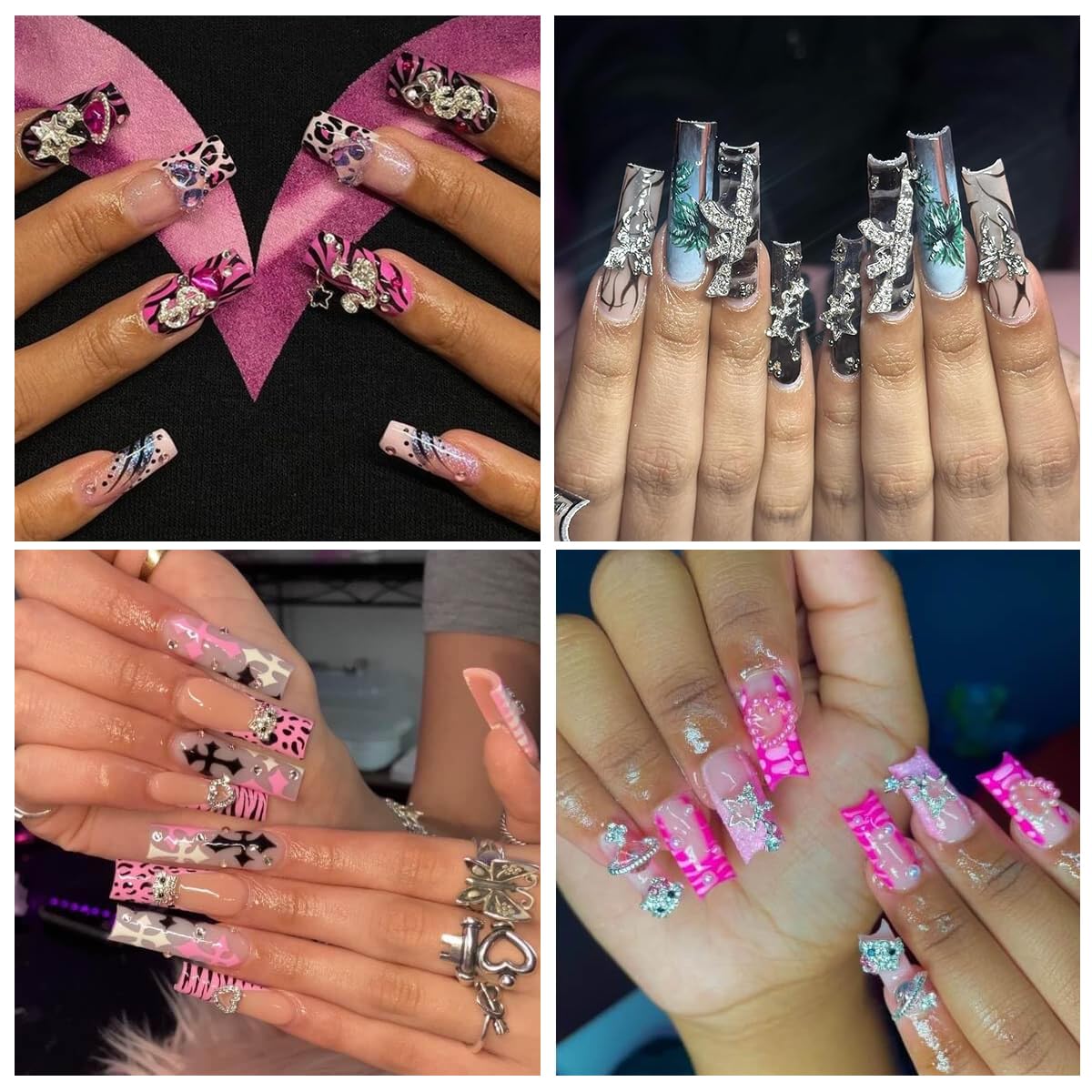 50Pcs Nail Charms Rhinestones Gems Kitty Heart Star Gun Planet Cross Jewelry for Acrylic Nails Accessories Women Nail Decorations Manicure Craft DIY Nail Art Supplies
