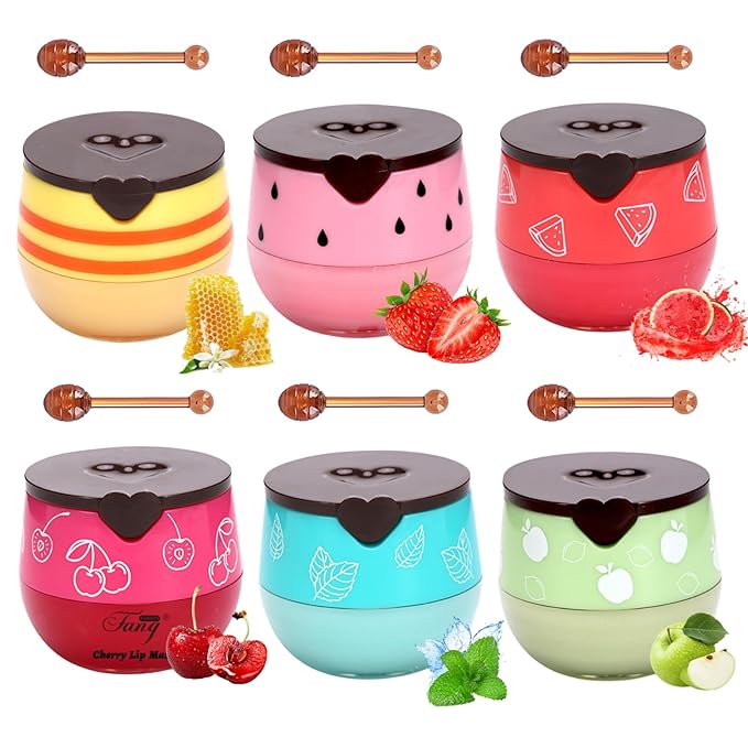 6PCS Bee Lip Balm Honey Pot - Lip Sleeping Mask - Moisturizing Lip Gloss for Women - Lip Mask Overnight Gift Set - Tinted Lip Balm - Easter gift - Honey,Cherry,Strawberry,Apple Lime,Watermelon,Mint
