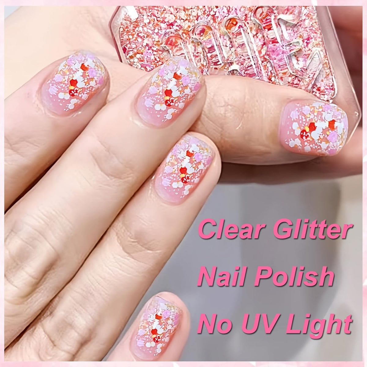 Clear Chunky Glitter Top Coat Nail Polish, Spring Summer Nail Polish with Flower Glitter for Women & Girls, No UV Light Needed