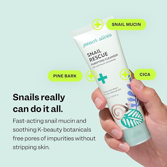 Peach Slices - Snail Rescue Purifying Cleanser (4.05 oz) - Snail Mucin Concentrate - Cleanse & Refresh Skin - Pine Bark, Hyaluronic Acid & Cica - Vegan & Cruelty Free - Korean Skin Care & Beauty