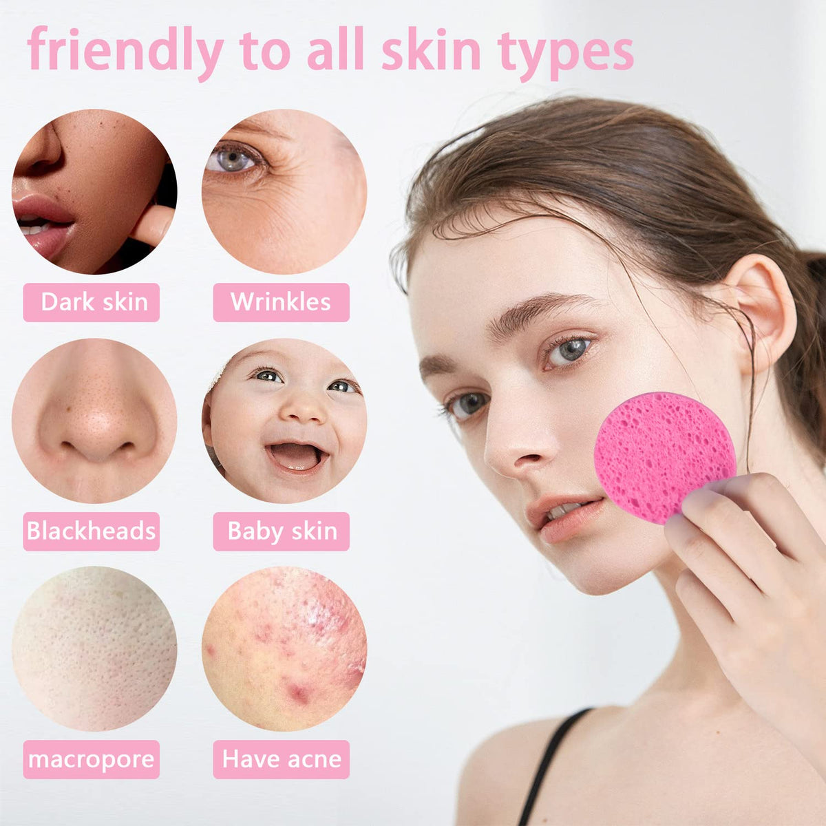100-Count Facial Sponges Compressed Natural Cellulose Sponge Round Shape Face Sponge for Face Cleansing Exfoliating and Makeup Removal, Pink
