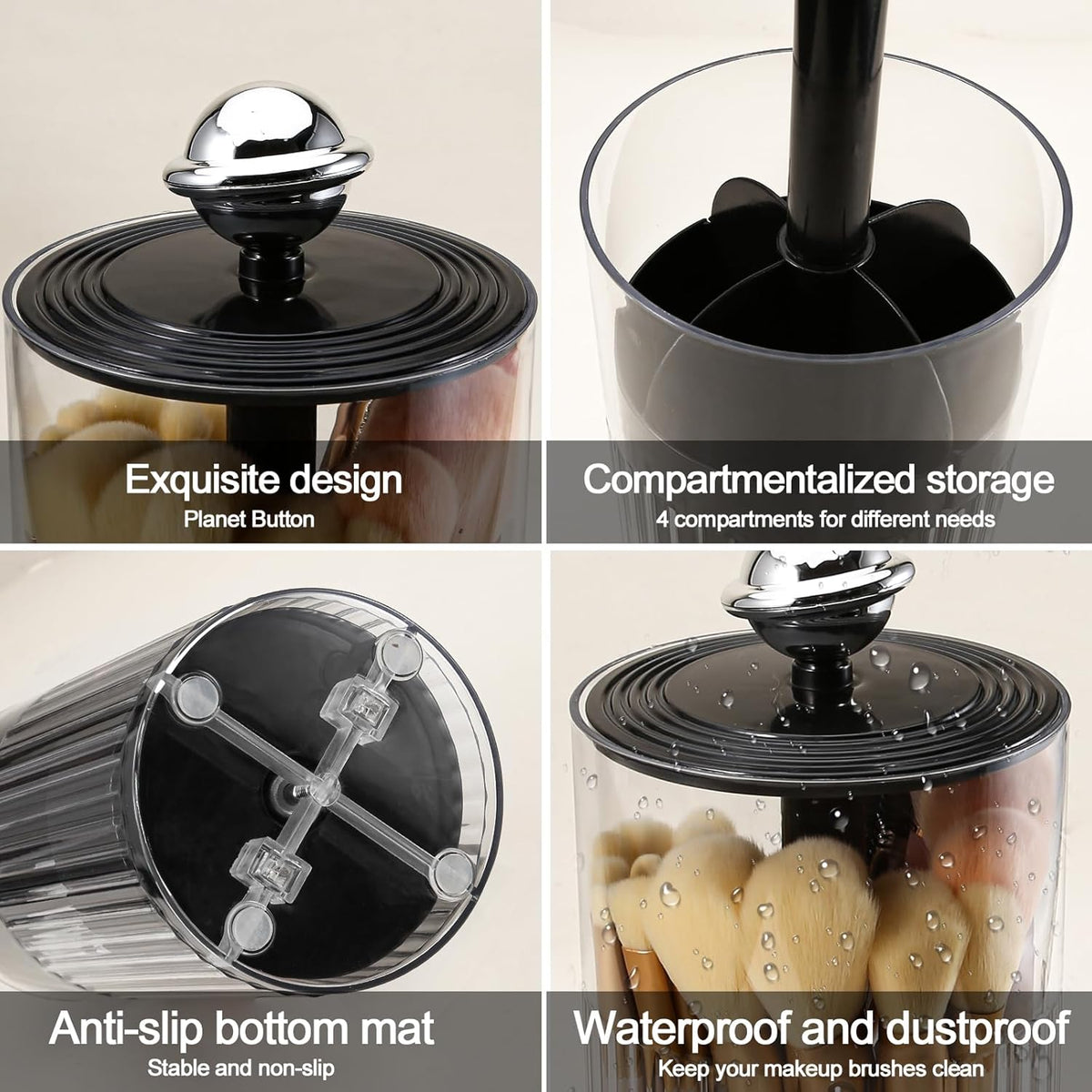 DASITON Makeup Brush Holder with Lid, Automatic Lifting Makeup Organizer for Vanity, 4 Slots Clear Makeup Brush Organizer, Dustproof Cosmetic Brushes Storage for Bathroom, Desktop, Office (Black)