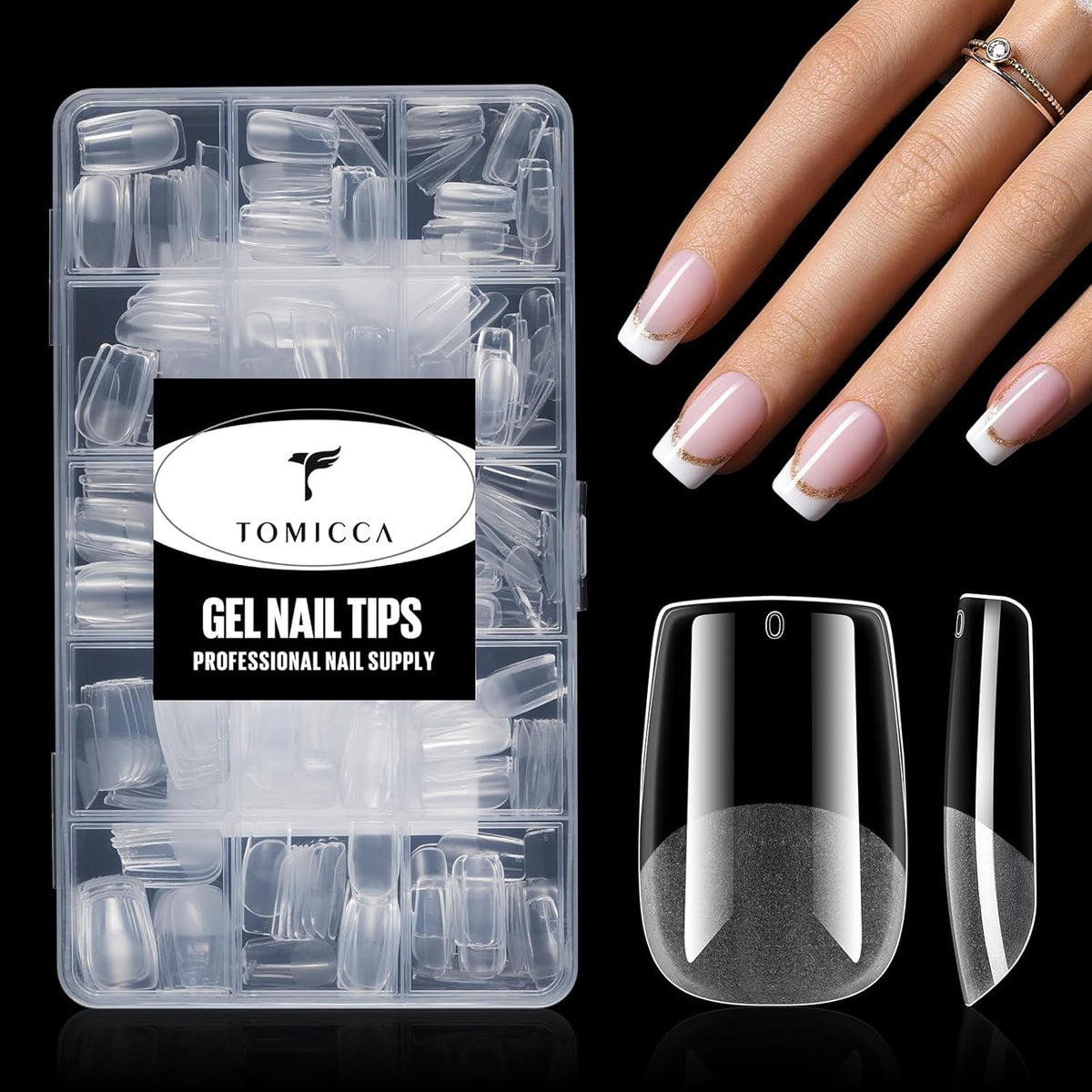 TOMICCA Short Square Nail Tips Acrylic Nails 240Pcs Acrylic Nail Kit Gel Nail Tips 12 Sizes Pre-shape Short Clear Fake Nails for Nail Extension Art Home DIY