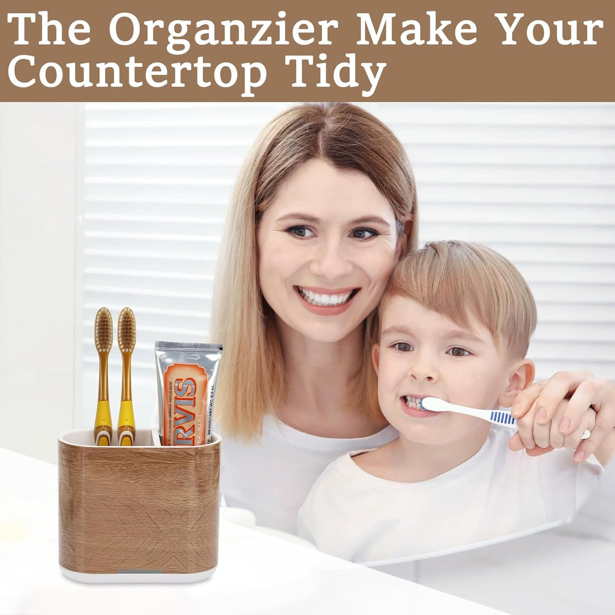 Toothbrush and Toothpaste Holder with Divider for Bathroom Countertop Organizer, 2 Slots Electric Toothbrush Holders Storage Caddy Drainage for Family, Kids(Wood Grain)