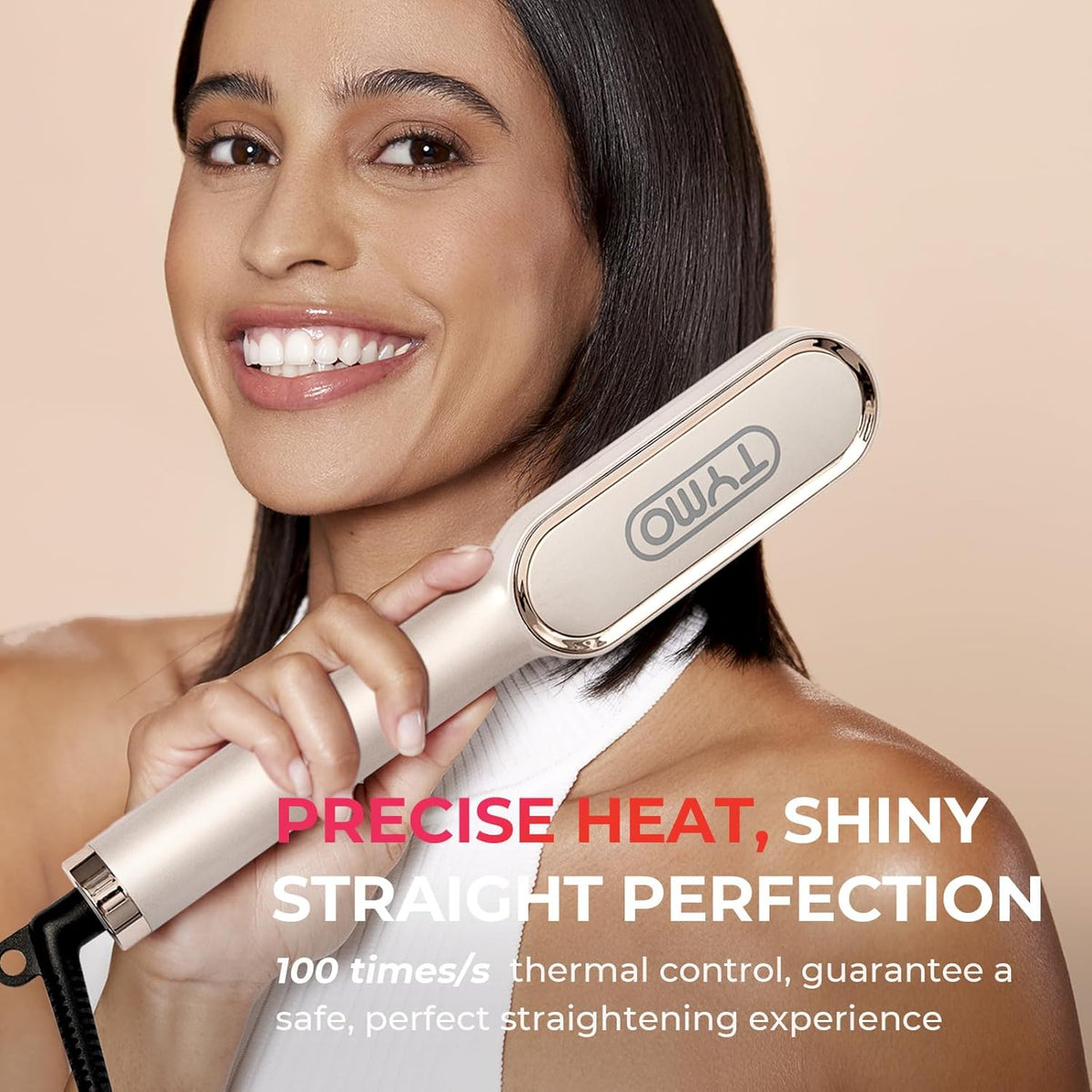 Hair Straightener Brush, TYMO Ring Hair Straightener Comb Straightening Brush for Women with 5 Temps 20s Fast Heating & Dual Voltage, Gold