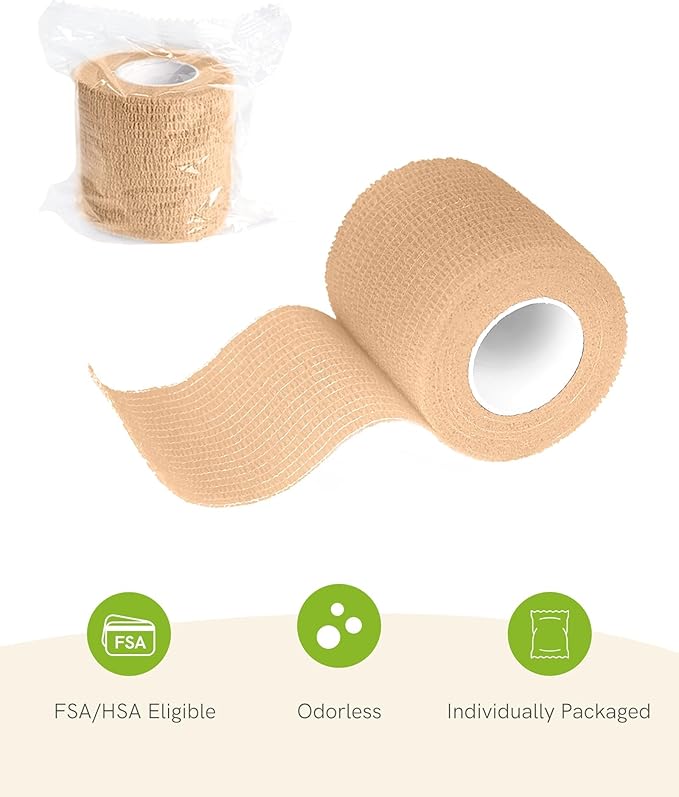 FriCARE Self Adhesive Bandage Wrap, Medical Tape in First Aid Kit, Cohesive Bandages for Wounds Sport Vet, FSA/HSA Eligible, 2 Inches X 5 Yards 6 Rolls, Tan