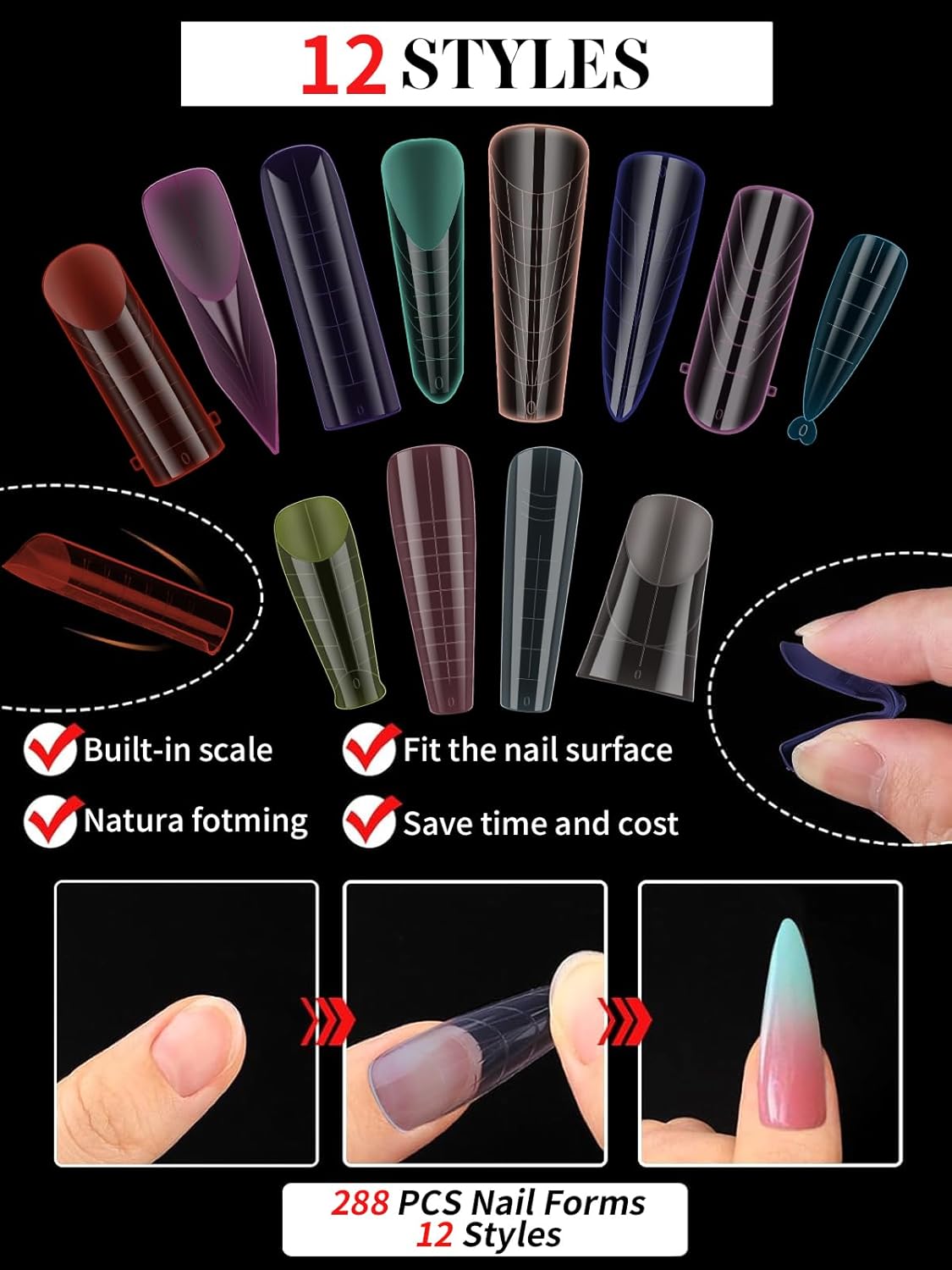 EBANKU Dual Forms for Poly Nail Gel, 288PCS 12 Colors Dual Nail Forms Extension Molds Stiletto Coffin Square Acrylic Nail Tips 12 Shapes for Builder Gel Manicure Nail Art Design Salon DIY at Home